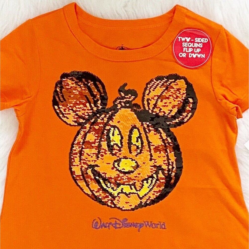 Halloween Disney World Girls Shirt Mickey Pumpkin Reversible Sequins Size XS New